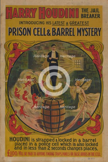 Harry Houdini, the jail breaker: prison cell and barrel mystery, c1906-05. Creator: Unknown.