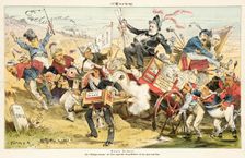 Harte Arbeit .... Cartoon from Puck, 1884. Creators: Joseph Keppler, Bernhard Gillam
