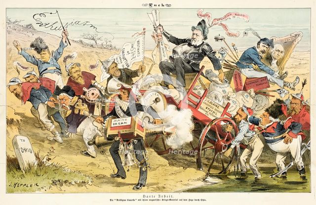 Harte Arbeit .... Cartoon from Puck, 1884. Creators: Joseph Keppler, Bernhard Gillam.