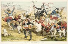 Harte Arbeit .... Cartoon from Puck, 1884. Creators: Joseph Keppler, Bernhard Gillam