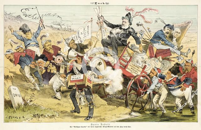 Harte Arbeit .... Cartoon from Puck, 1884. Creators: Joseph Keppler, Bernhard Gillam.