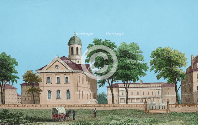 Harvard University in Cambridge, Massachusetts, near Boston, United States, 1850.  Creator: Leon-Francois-Antoine Fleury.
