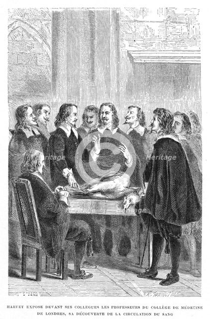 Harvey demonstrating circulation of the blood to the College of Physicians, c1628 (1870). Artist: Unknown