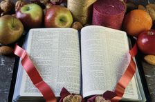 Harvest Festival display with open Bible. Artist: A Pickford