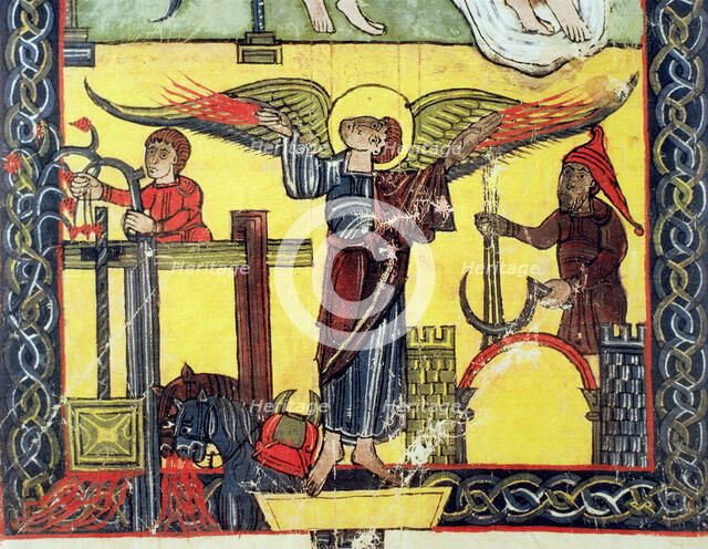 Harvest, grape harvest and the winepress of the wrath of God, detail, miniature in the 'Beatus of…