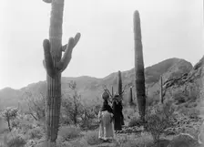 Hasen harvest B-Qahatika. Three women walking through desert, two with kiho carriers and..., c1907. Creator: Edward Sheriff Curtis