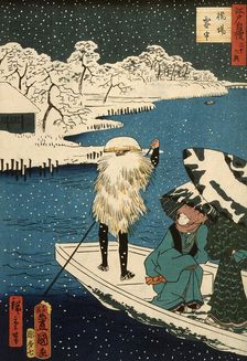 Hashiba Ferry in Snow, 1864. Creators: Utagawa Hiroshige II, Utagawa Kunisada