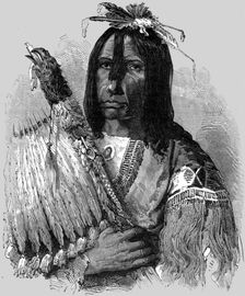 Hashquaht Chief, in War Dress; In pawn in an Indian village 1875. Creator: Unknown