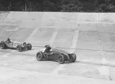 HC Hunter's Alta leading a Delahaye, JCC International Trophy, Brooklands, 2 August 1937. Artist: Bill Brunell