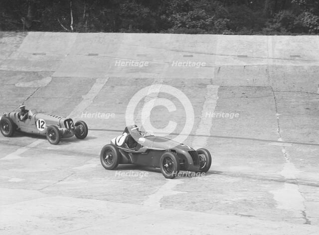 HC Hunter's Alta leading a Delahaye, JCC International Trophy, Brooklands, 2 August 1937.  Artist: Bill Brunell.