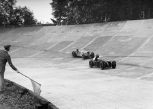 HC Hunter's Alta leading a Delahaye, JCC International Trophy, Brooklands, 2 August 1937. Artist: Bill Brunell