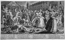 He and his drunken companions raise a riot in Covent Garden 1735. Artist: Anon