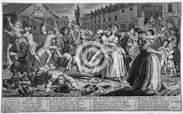 'He and his drunken companions raise a riot in Covent Garden', 1735. Artist: Anon