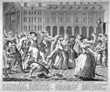He and his drunken companions raise a riot in Covent Garden 1735. Artist: Anon