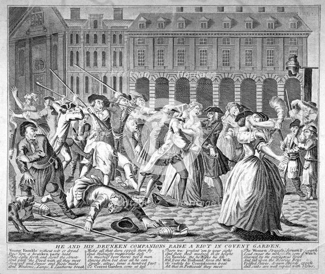 'He and his drunken companions raise a riot in Covent Garden', 1735.                  Artist: Anon