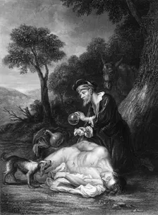 He bound up his wounds, pouring in oil and wine c1830s. Creator: GH Adcock