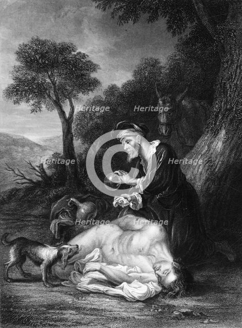 'He bound up his wounds, pouring in oil and wine', c1830s. Creator: GH Adcock.