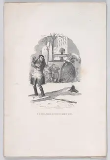 He gets up, covered from head to toe in snow. from the Little Miseries of Human Life, 1843. Creator: Jean Ignace Isidore Gerard