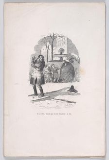 He gets up, covered from head to toe in snow. from the Little Miseries of Human Life, 1843. Creator: Jean Ignace Isidore Gerard