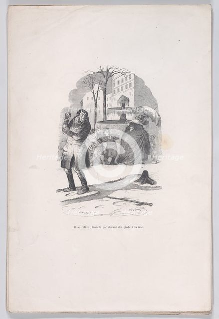 He gets up, covered from head to toe in snow. from the Little Miseries of Human Life, 1843. Creator: Jean Ignace Isidore Gerard.