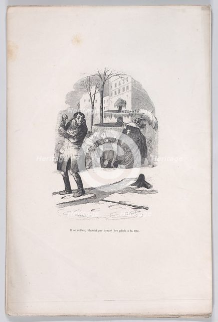 He gets up, covered from head to toe in snow. from the Little Miseries of Human Life, 1843. Creator: Jean Ignace Isidore Gerard.