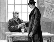 He found Dawson...smoking a pipe, and drinking hot brandy-and-water, 1883. Creator: R. Taylor