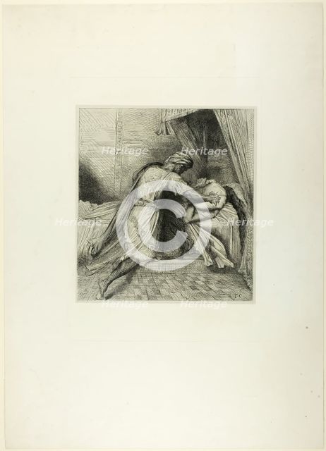 He Smothers Her, plate thirteen from Othello, 1844. Creator: Theodore Chasseriau.