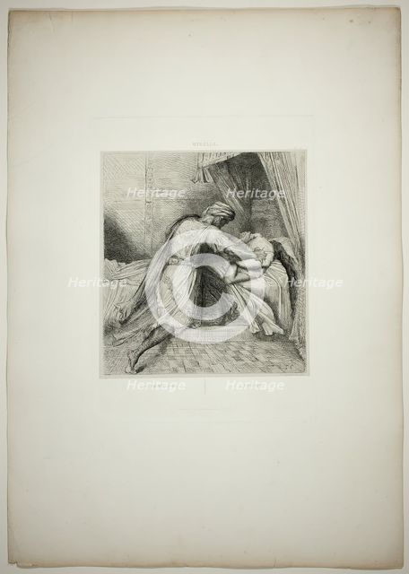 He Smothers Her, plate thirteen from Othello, 1844. Creator: Theodore Chasseriau.