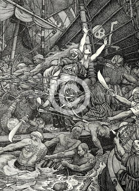 "He saw two cities in a thousand boats all fighting for a woman on the sea", 1898. Creators: Louis John Rhead, George Woolliscroft Rhead.