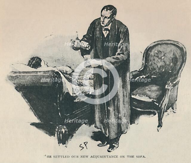 'He Settled Our New Acquaintance On The Sofa', 1892. Artist: Sidney E Paget.