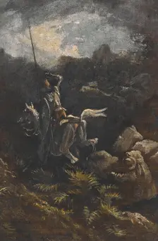 \"He spied upon the top of a stony crag just before him a man that skipped from rock to rock with wo Creator: Gustave Doré