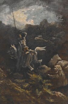 \"He spied upon the top of a stony crag just before him a man that skipped from rock to rock with wo Creator: Gustave Doré
