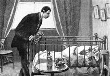 He stepped lightly to the foot of the bed, and gazed earnestly at the little occupant, 1883. Creator: R. Taylor