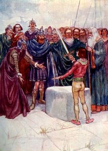 He stood there holding the magic sword in his hand (1905).Artist: A S Forrest