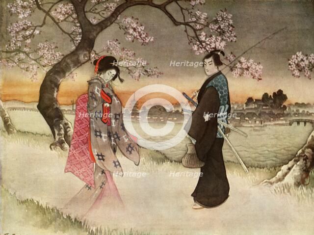 'He was suddenly startled to see a girlish form coming towards him in the wavering shadows, 1919.  Creator: Unknown.