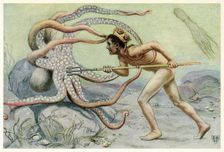He was very brave and strong, … and battled with the great octopus from The Great Sea Horse, 1909. Creator: John Elliot (1859 - 1925)
