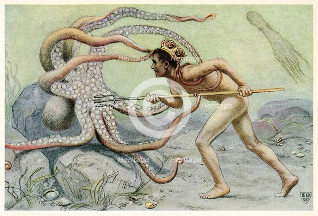 He was very brave and strong, … and battled with the great octopus from The Great Sea Horse, 1909. Creator: John Elliot (1859 - 1925).