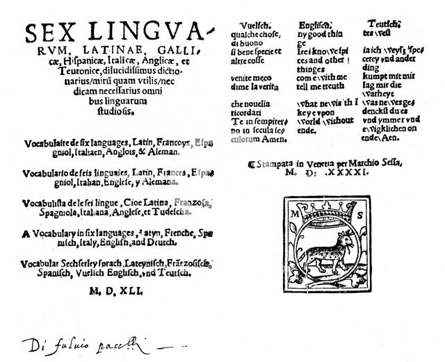 Hexaglot traveller's dictionary, 1541, (1901). Artist: Melchiorre Sessa