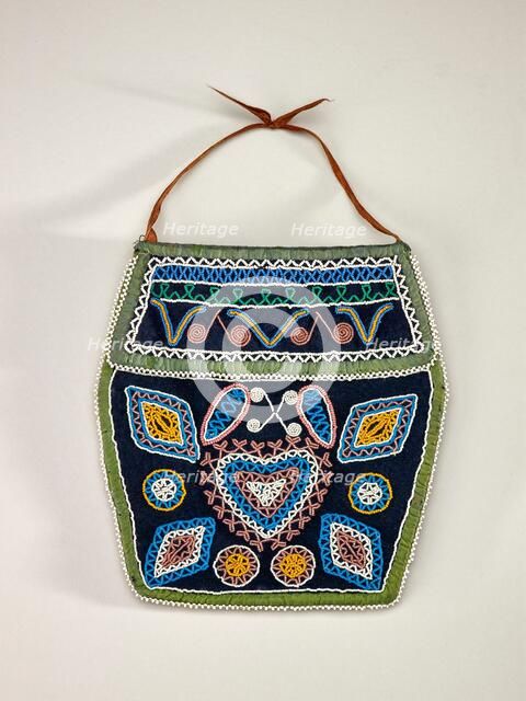 Hexagonal Beaded Pouch With Heart Design, 1870-1910. Creator: Unknown.