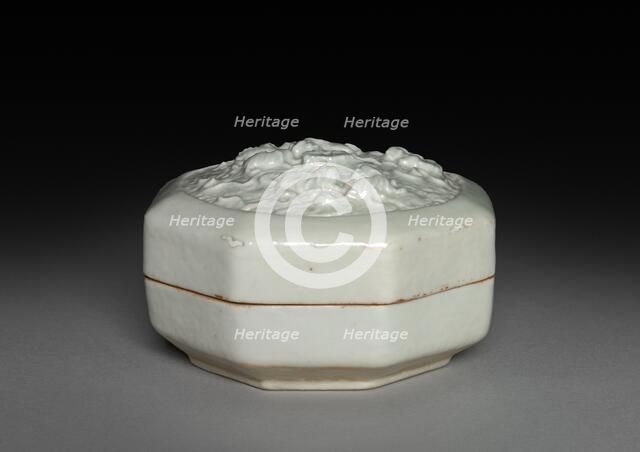 Hexagonal Covered Box with Lions in Relief: Qingbai Ware, 1300-1325. Creator: Unknown.