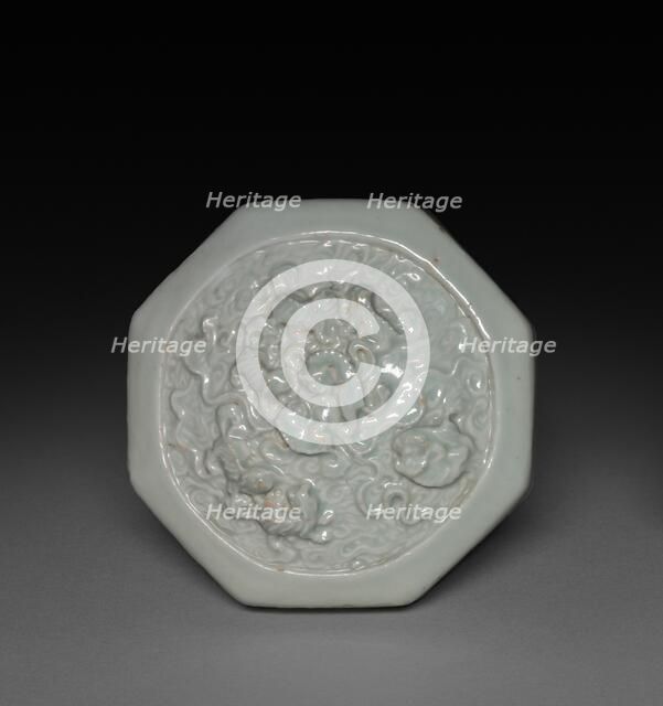 Hexagonal Covered Box with Lions in Relief: Qingbai Ware (lid), 1300-1325. Creator: Unknown.