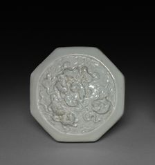 Hexagonal Covered Box with Lions in Relief: Qingbai Ware (lid), 1300-1325. Creator: Unknown