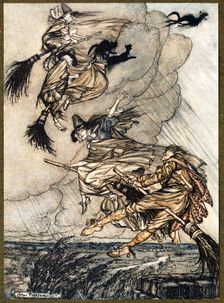 Hey! Up the chimney, lass! Hey, after you!, from The Ingoldsby Legends, pub. 1907. Creator: Arthur Rackham (1867 - 1939)