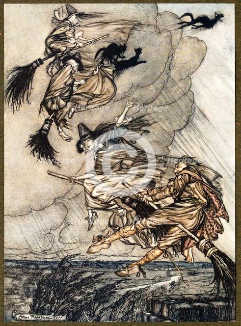 Hey! Up the chimney, lass! Hey, after you!, from The Ingoldsby Legends, pub. 1907. Creator: Arthur Rackham (1867 - 1939).