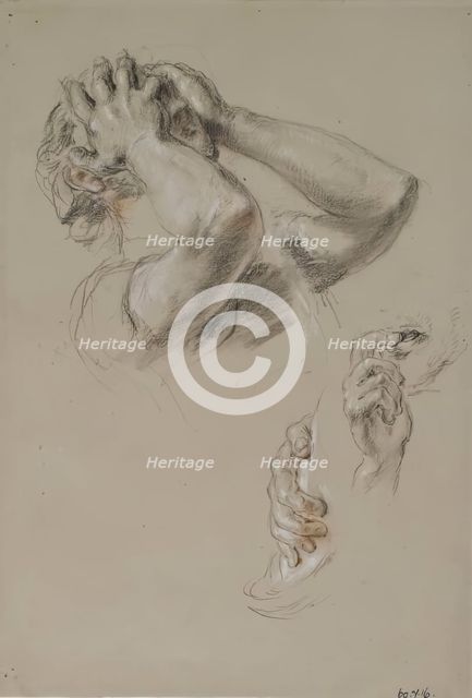 Head with Hands hiding Face, Study of Hands, c1825-1849. Creator: William Allan.