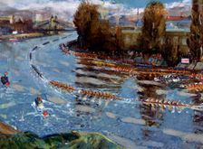 Head of the River for Schools (rowing race on the Thames, London), after c1925. Artist: Hugh Cronyn