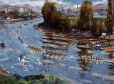 Head of the River for Schools (rowing race on the Thames, London), after c1925. Artist: Hugh Cronyn