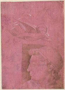 Head of a Man, Two Studies of a Woman's Profile, and a Study of An Angel (verso), c. 1458. Creator: Benozzo Gozzoli (Italian, 1420-1497)