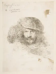 Head of a man wearing a feathered cap (possibly Bernini, possibly a self portrait..., ca. 1645-1650. Creator: Giovanni Benedetto Castiglione