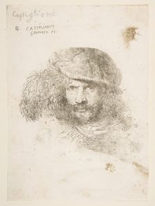 Head of a man wearing a feathered cap (possibly Bernini, possibly a self portrait..., ca. 1645-1650. Creator: Giovanni Benedetto Castiglione